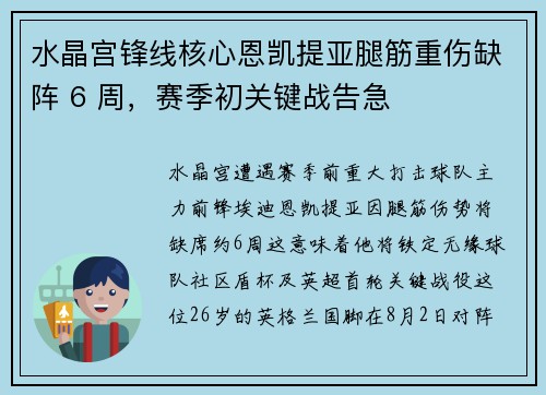 水晶宫锋线核心恩凯提亚腿筋重伤缺阵 6 周，赛季初关键战告急