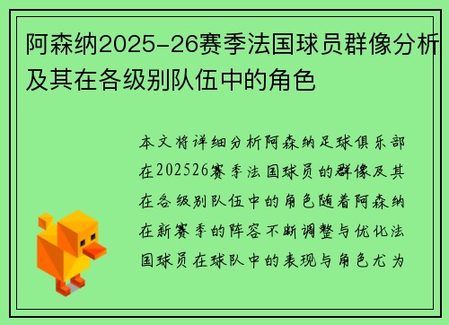 阿森纳2025-26赛季法国球员群像分析及其在各级别队伍中的角色